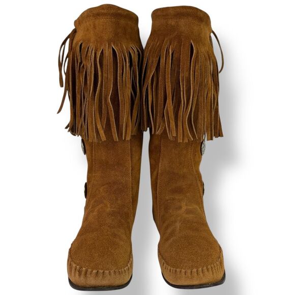 Taos Vintage 70s Tall Moccasins Boots Brown Tan Suede Fringe Conchos Women’s 8 - Picture 7 of 11